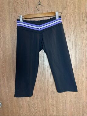 Girls Black Capri Leggings with Purple Stripe Waistband
